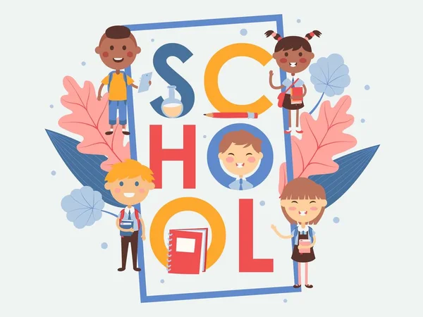 Tipografia escolar ilustração vetorial poster. Crianças educação brochura cobrir estilo plano. Crianças sorridentes personagens de desenhos animados. Crianças de escola felizes com livros —  Vetores de Stock