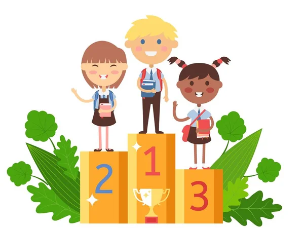 Παιδιά κερδίζουν στο σχολικό διαγωνισμό, εικονογράφηση φορέα. Έξυπνα παιδιά με βιβλία στο βάθρο του νικητή, χαρούμενα αγόρια και κορίτσια βραβευμένα για το διαγωνισμό. Επιβράβευση ανταγωνισμού — Διανυσματικό Αρχείο