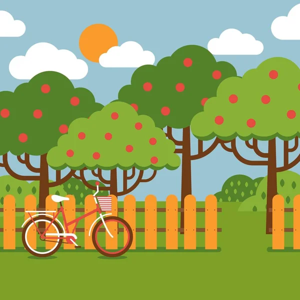 Paisagem de pomar em estilo plano, ilustração vetorial. Jardim verde com árvores de fruto, parque no dia de verão. Bicicleta na cerca de madeira, entrada para o pomar rural — Vetor de Stock