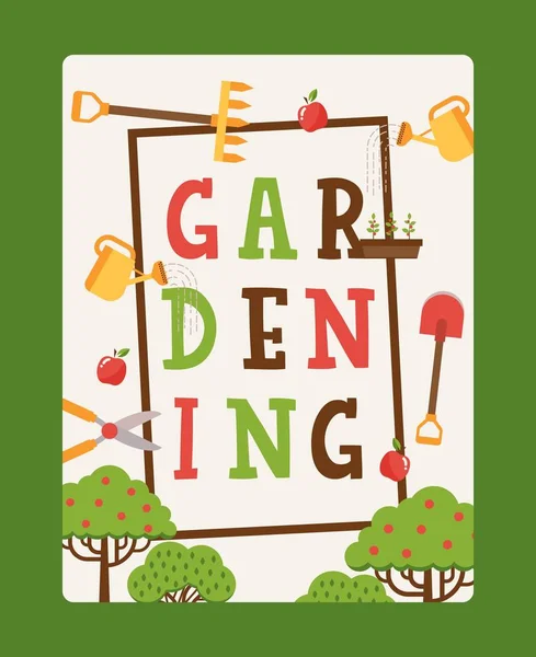 Bahçe baskı posteri, vektör illüstrasyonu. Bahçıvanlar için kitap kapağı, düz stil aletler, bahçede çalışma. Maça, tırmık, makas ve sulama kutusu. — Stok Vektör