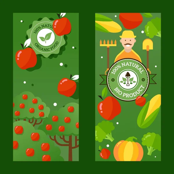 Bandiere verticali negozio di frutta e verdura, illustrazione vettoriale. Mele biologiche fresche da frutteto, cibo sano, prodotti vegetariani naturali da orto ecologico — Vettoriale Stock