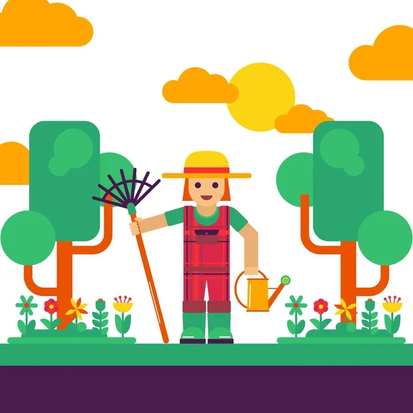 Tuinman met hark en gieter, vectorillustratie. Tuinlandschap met bomen en bloemen, platte stijl scène. Cartoon karakter met tuingereedschap, eenvoudig geometrisch ontwerp — Stockvector