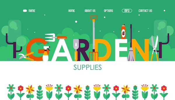Bahçe malzemeleri web sitesi tasarımı, vektör çizimi. Baskı başlığıyla sayfa şablonu indiriliyor. Bahçe aletleri ve geometrik düz çiçek. Bahçıvanlar için çevrimiçi dükkan — Stok Vektör