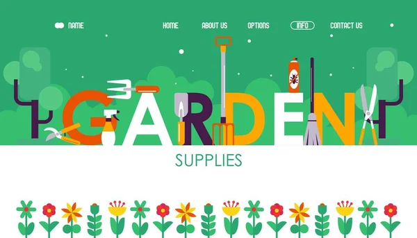 Garden fornisce progettazione di siti web, illustrazione vettoriale. Modello di pagina di destinazione con titolo tipografico. Attrezzi da giardinaggio e fiori geometrici in stile piatto. Negozio online per giardinieri — Vettoriale Stock