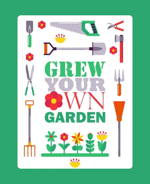 Inspirational gardening poster, vector illustration. Typographic book cover with isolated gardener tools icons. Motivational phrase grow your own garden — Stock Vector