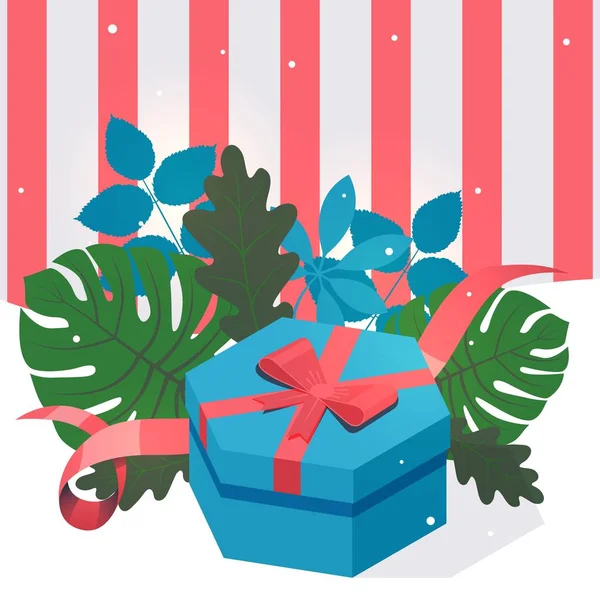Παρόν κουτί διακοσμημένο με φύλλα, διανυσματική απεικόνιση. Δώρο για γενέθλια, Χριστούγεννα, επέτειο ή ημέρα του Αγίου Βαλεντίνου. Ρομαντική έκπληξη δώρο σε κουτί με κορδέλα — Διανυσματικό Αρχείο