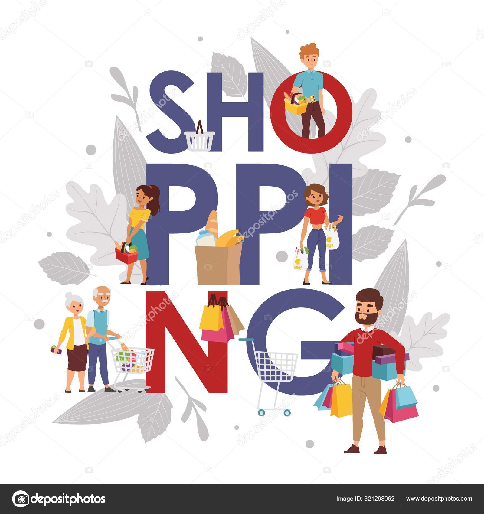 Shopping typography poster, vector illustration. People buying