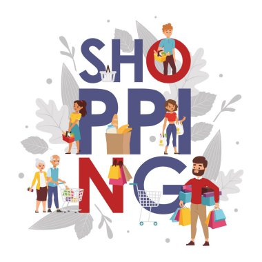 Tipografi posteri, vektör illüstrasyonu. İnsanlar market alışverişi yapıyor, alışveriş merkezi afişi alıyor, reklam broşürleri satıyor. Kadın ve erkek çantalı müşteriler