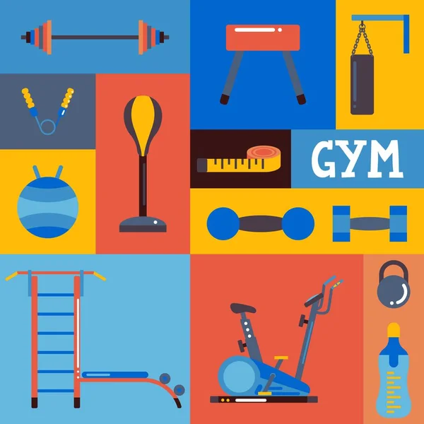 Collage de iconos del gimnasio, ilustración vectorial. Conjunto de pegatinas de colores con equipo de entrenamiento en estilo plano. Accesorios de entrenamiento, centro deportivo, gimnasio — Vector de stock