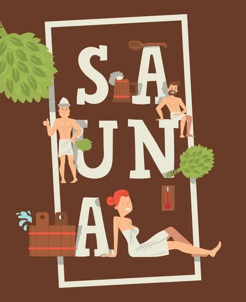 Cartel tipográfico de sauna, ilustración vectorial. Cartas en el marco, personajes de dibujos animados personas disfrutando de un ocio saludable en la sauna. Plantilla de cubierta de folleto — Archivo Imágenes Vectoriales