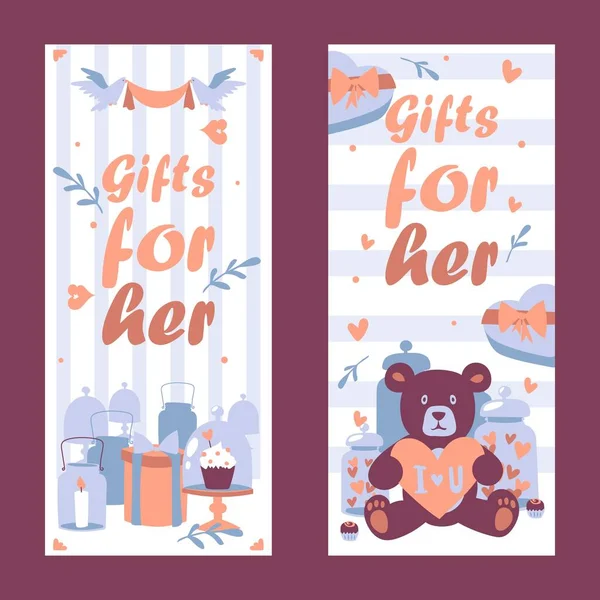 Romantic gift shop vertical banner, vector illustration. Present for valentine day, symbols of love, gift store advertisement flyer template with space for text — Stock Vector