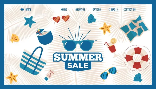 Zomer verkoop website ontwerp, vector illustratie. Vakantie accessoires winkel, landing page template. Platte iconen van zonnebril, strandtas en cocktails. Verkoop van zomerreisartikelen — Stockvector