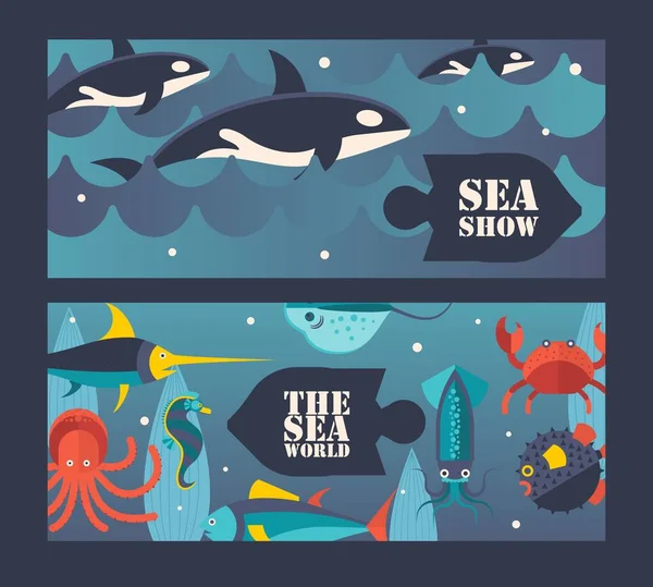 Sea and ocean underwater world, vector illustration. Invitation to sea show with killer whales, aquarium center advertisement. Ocean underwater creatures — Stock Vector