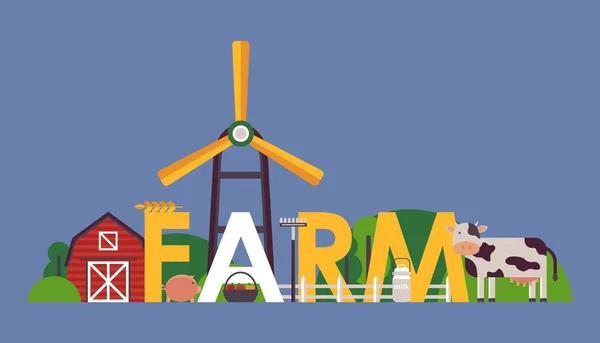 Farm typography poster, vector illustration. Flat style composition with farmhouse, windmill and cow, made of simple geometric shapes. Fresh products from local farmers — Stock Vector