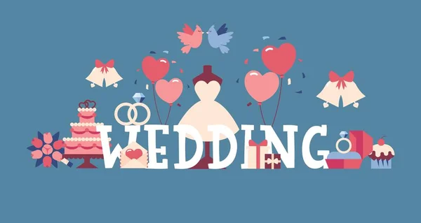 Svatební typografický plakát, vektorová ilustrace. Ikony a symboly lásky, svatební šaty, dort a balónky. Romantické pozadí, pozvánka na ceremoniál — Stockový vektor