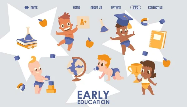 Diseño del sitio web de educación temprana, ilustración vectorial. Plantilla de landing page de jardín de infantes, bebés lindos jugando con artículos escolares. Educación preescolar para niños — Vector de stock