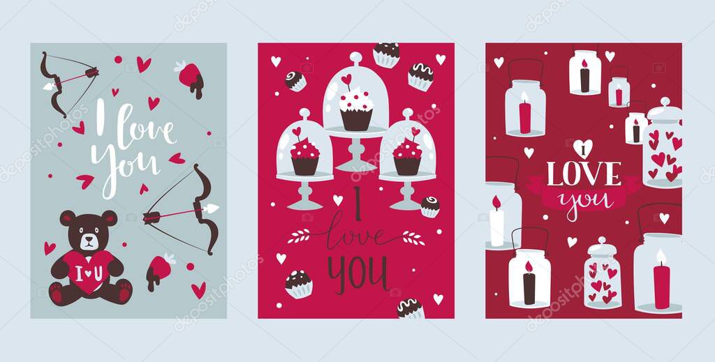 Valentine day romantic card, vector illustration. Symbols of love, hearts, candles and cupcakes in flat style. Set of banners for valentine day, greeting card template