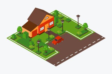 Çimenli ve arabalı Isometric evi, vektör çizimi. Yolun yakınındaki banliyö evinin oyun tasarımı fayansları. Şehir merkezi, yukarıdan bakıldığında, modern yerleşim yerleri