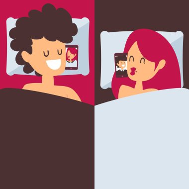 Online tarih vektör illüstrasyonu. Erkek ve kadın çizgi film karakterleri akıllı telefonlu yataktalar. Sevgili ve sevgili, internetteki uzun mesafe ilişkisi.