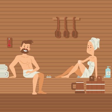 Sauna vektör illüstrasyonunda kadın ve erkek. Havlulu insanlar sıcak saunada oturuyor, romantik bir çift. Sağlık merkezi, rahatlayın ve vücut bakımının keyfini çıkarın.