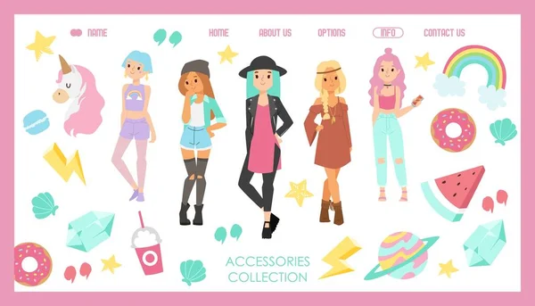 Diseño del sitio web de la tienda de moda adolescente, ilustración vectorial. Plantilla de página de aterrizaje, ropa y accesorios para adolescentes. Personajes de dibujos animados en diferentes estilos — Vector de stock