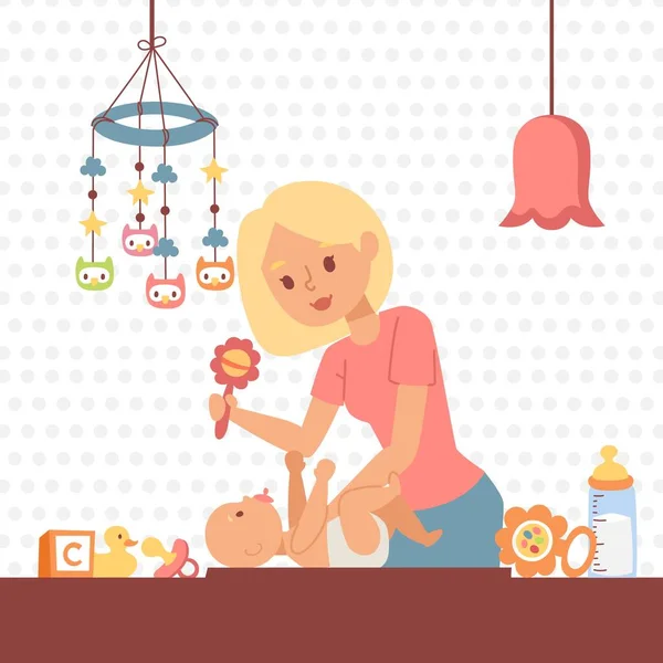 Madre cambiando pañales para bebés, ilustración vectorial. Mujer joven jugando con su hijo recién nacido en la guardería. Feliz mamá sonriente cuidando del bebé en casa, rutina diaria de los padres — Vector de stock