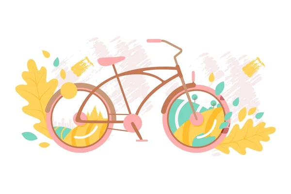 Concetto creativo di bicicletta, illustrazione vettoriale. Città e paesaggio visti attraverso ruote ciclabili, foglie autunnali e pennellate. Bicicletta retrò in stile piatto, ricreazione all'aperto — Vettoriale Stock