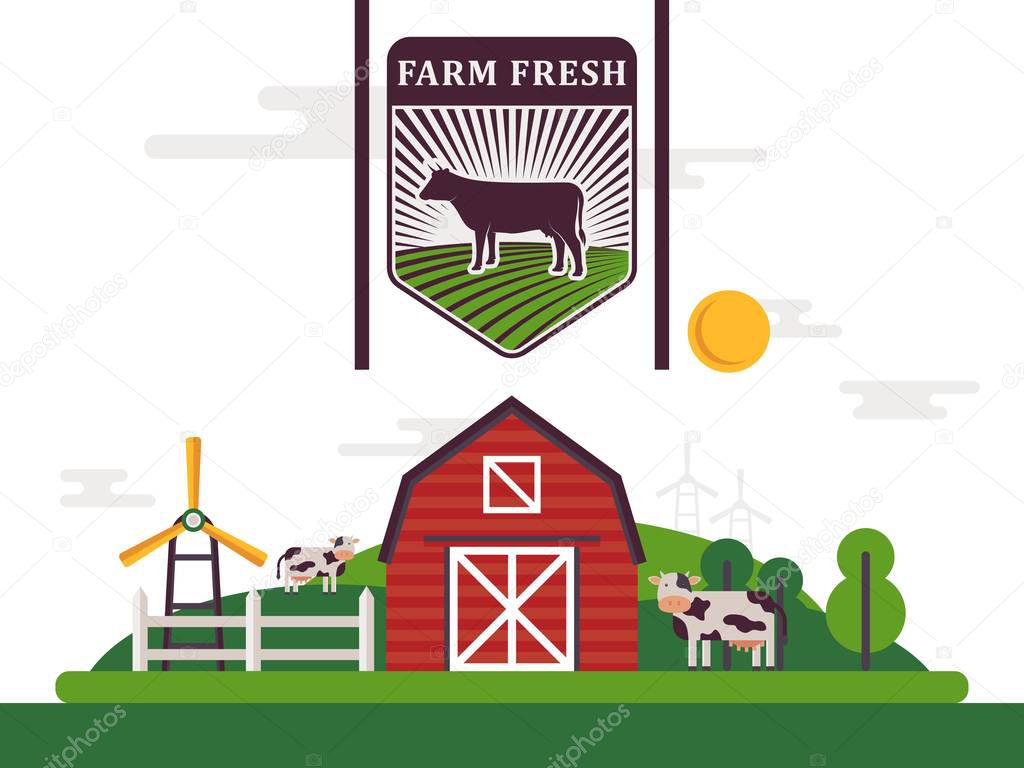 Farm product label, vector illustration. Flat style landscape with farmhouse, green fields, windmills and sows. Fresh healthy products from local farmers