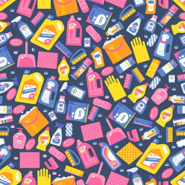 Temizlik ürünleri simgeleri kusursuz desenlerde, vektör illüstrasyonunda. Ambalaj, deterjan ve ev eşyaları için kağıt baskı tasarımı