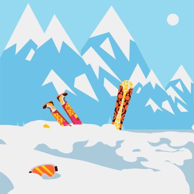 Snowboardcu kara düştü, dağ çığ, ekstrem kış sporu, vektör illüstrasyonu