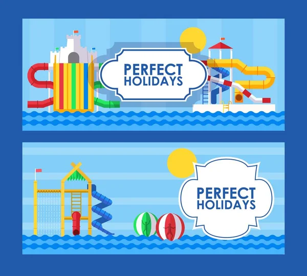 Water park banner in flat style, vector illustration. Perfect summer holidays in aqua park, fun vacation for family with children. Water attractions ticket template — Stock Vector