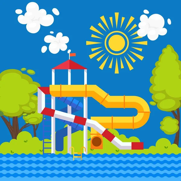 Ilustração vetorial do parque aquático. Cartaz colorido em estilo plano, parque infantil de verão ao ar livre para a família com crianças. Atrações do parque aquático, escorregas de água para crianças —  Vetores de Stock