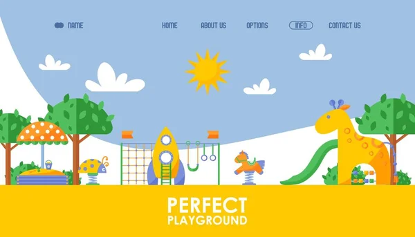 Website voor kinderspeelplaatsen, vectorillustratie. Landing pagina sjabloon voor opstarten project perfecte speeltuin, achtergrond in platte stijl. Leuke attracties voor kinderen — Stockvector