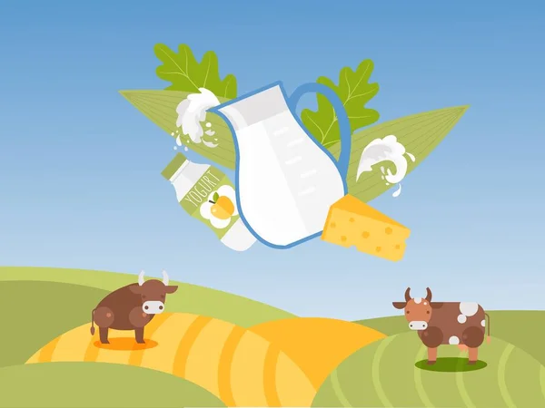 Džbán mléka a mléčných výrobků na pozadí zemědělské půdy krajiny, vektorové ilustrace. Přírodní organické potraviny od místních zemědělců, čerstvé mléko, jogurt a sýr — Stockový vektor