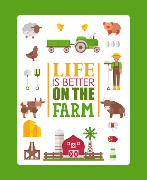 La vida de póster de tipografía es mejor en la granja, ilustración vectorial. Iconos de granja aislados en estilo plano, vaca, cerdo, oveja y pollo. Plantilla de folleto del agricultor — Archivo Imágenes Vectoriales