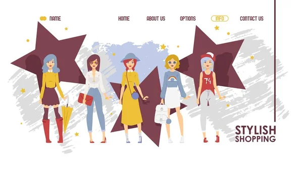 Diseño del sitio web boutique de moda, ilustración vectorial. Plantilla de página de aterrizaje para tienda de ropa y accesorios. Moda tendencia colección tienda online. Hermosas mujeres en traje casual — Vector de stock