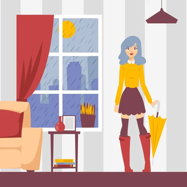 Girl with umbrella in apartment, vector illustration. Rainy weather in window, young woman in stylish outfit ready to go outside. Fashion model cartoon character, beautiful girl — ストックベクタ