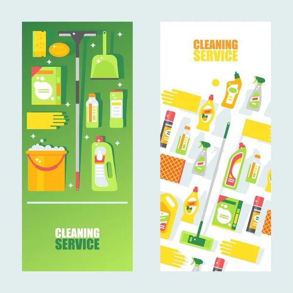 Cleaning service banner, vector illustration. Flat style icons of cleaning products and accessories, mop, bucket and sponge. Professional housekeeping service advertisement — ストックベクタ