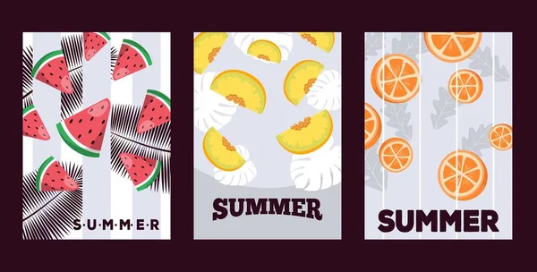 Banner mit Sommerfrüchten, Vektorillustration. saftige Scheiben Wassermelone, Melone und Orange. Typografische Plakate mit Kopierraum, Banner mit frischen Früchten, Sommerkampagne — Stockvektor