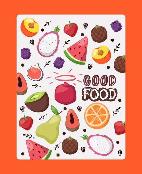 Gyümölcsös poszter izolált ikonvektor illusztrációval. Füzet borító, biotermék címke. Friss lédús trópusi gyümölcsök, görögdinnye, narancs, füge, őszibarack és pitaya szeletek — Stock Vector