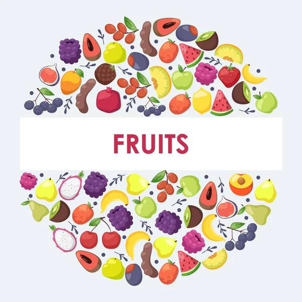 Frutos exóticos en composición de marco redondo, ilustración vectorial. Comida vegetariana saludable, rodajas jugosas frescas de sandía, melón, kiwi y pitaya. Frutas tropicales, portada del folleto — Archivo Imágenes Vectoriales