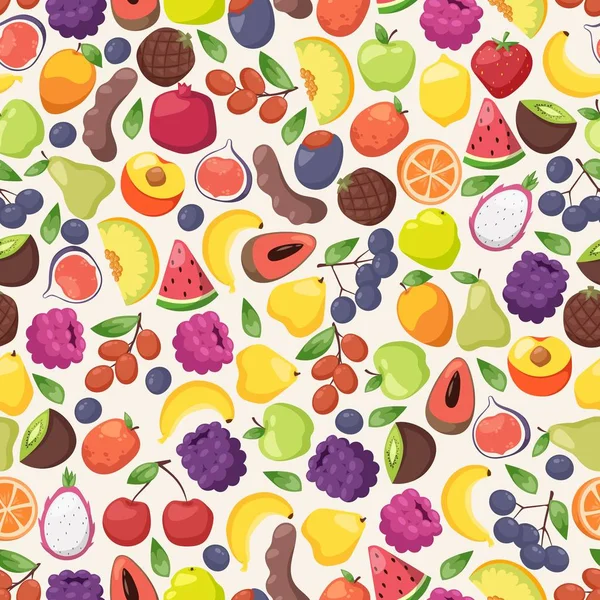 Colorful fruits in seamless pattern, vector illustration. Wrapping paper design, healthy food product packaging. Fresh organic fruits, juicy slices of watermelon, melon — ストックベクタ