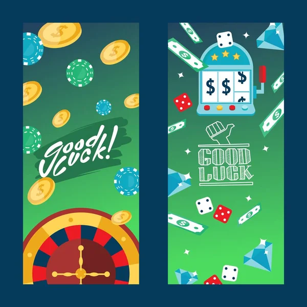 Casino gioco d'azzardo banner verticali, illustrazione vettoriale. Modello di volantino pubblicitario con testo buona fortuna. Roulette, patatine fritte, dadi, soldi e gettoni per giocare al gioco nel casinò — Vettoriale Stock