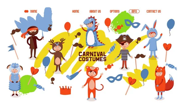 Karneval kostýmy pro děti, dětské oblečení obchod webové stránky, vektorové ilustrace — Stockový vektor
