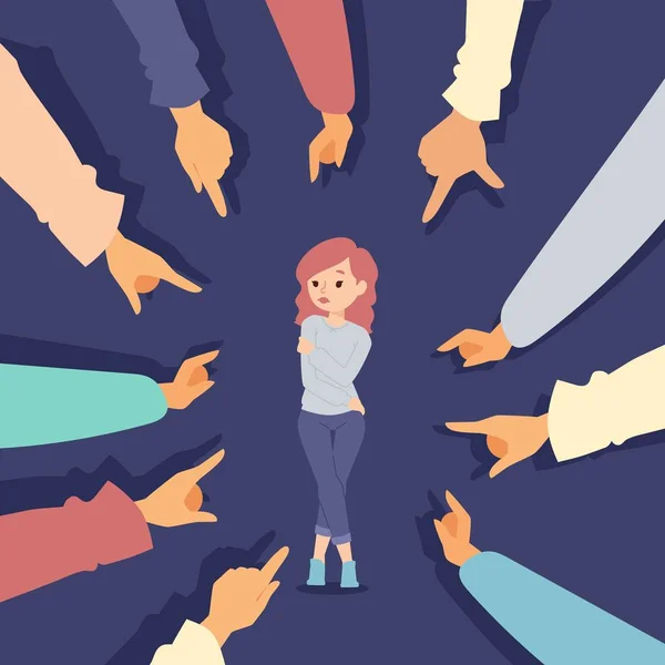 Woman surrounded by pointing hands, victim blaming vector illustration — 스톡 벡터
