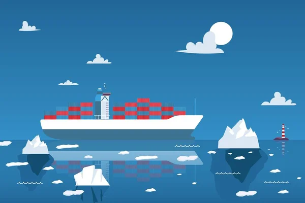 Kutup Okyanusu 'ndaki konteynırları taşıyan kargo gemisi, vektör çizimi — Stok Vektör
