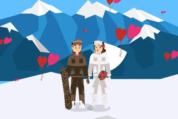 Romantic couple spending honeymoon at ski resort, active leisure vector illustration — Stock Vector