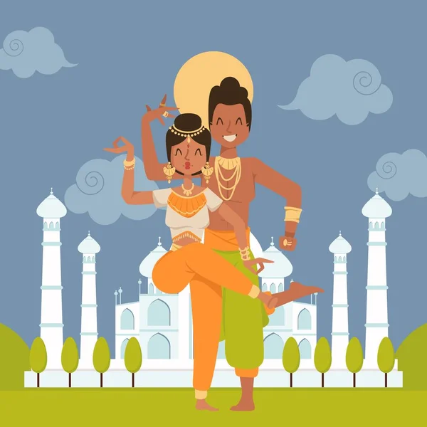 Bailarines indios personajes de dibujos animados, ilustración vectorial. Feliz pareja de bailarines, hombres y mujeres actuando en el palacio Taj Mahal en la India. Gente con trajes tradicionales, danza exótica — Vector de stock