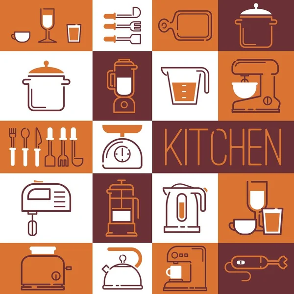 Колаж кухонного приладдя значки і наклейки, Векторні ілюстрації. Плоска лінія піктограма для каталогу кухонного посуду, магазин посуду. Піктограми сучасного стилю — стоковий вектор