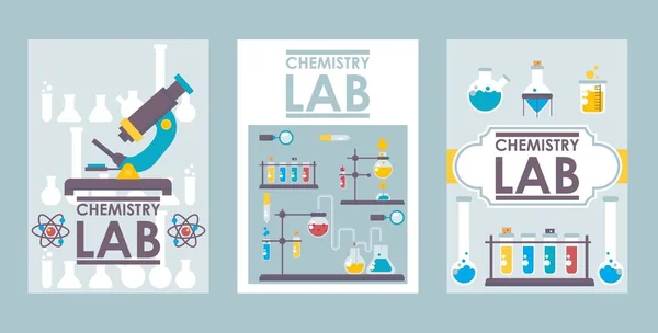 Химические лабораторные баннеры, векторная иллюстрация. Проектирование обложки научной брошюры, шаблон лабораторного буклета. Химические символы в плоском стиле, научно-исследовательские символы — стоковый вектор